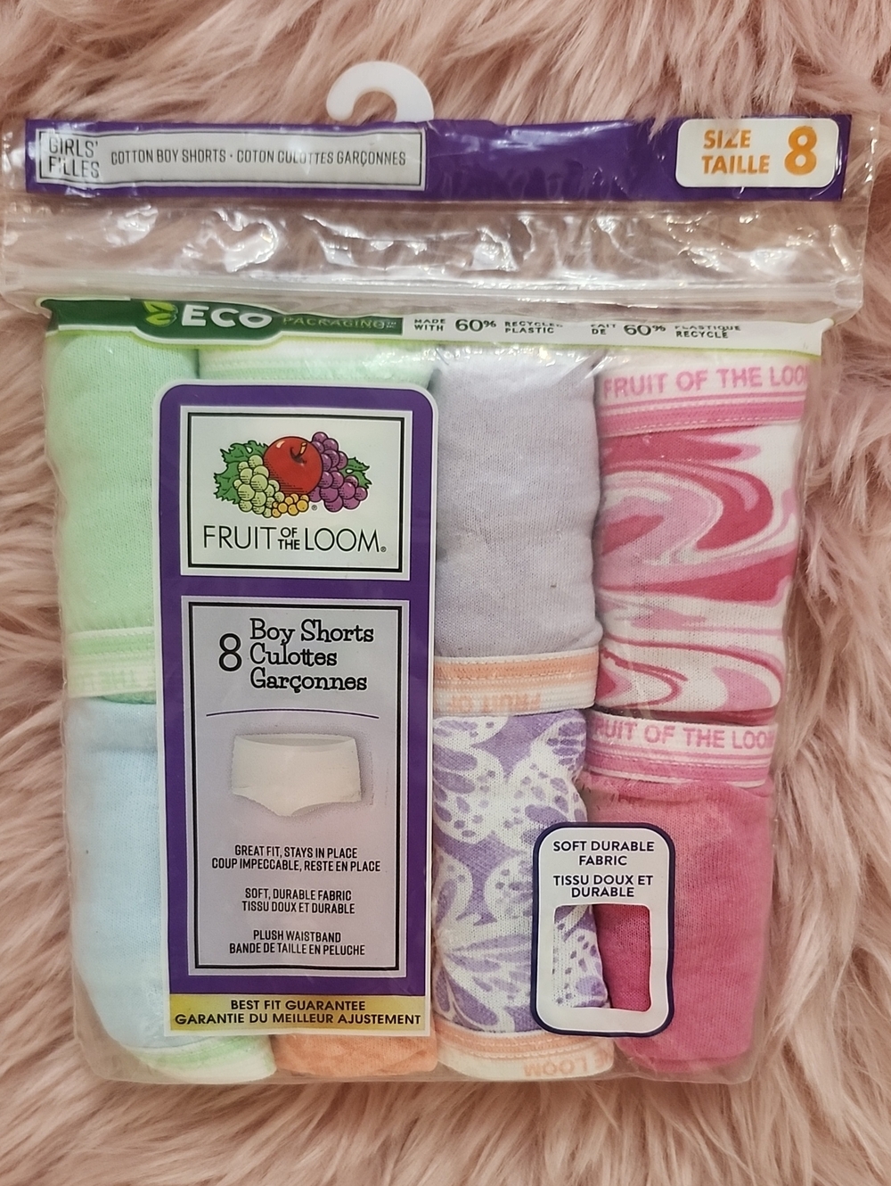 BRAND NEW FRUIT OF THE LOOM GIRL'S 8CT ASSORTED BOY SHORTS-8